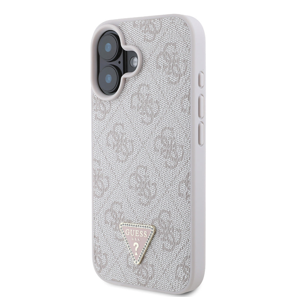 Guess iPhone 16 Orjinal Lisanslı PU Deri Taşlı Üçgen Logo 4G Desenli Strass Kılıf