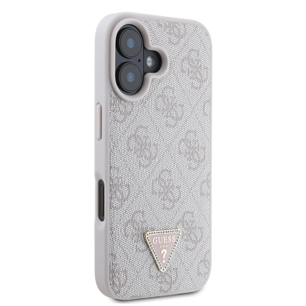 Guess iPhone 16 Orjinal Lisanslı PU Deri Taşlı Üçgen Logo 4G Desenli Strass Kılıf