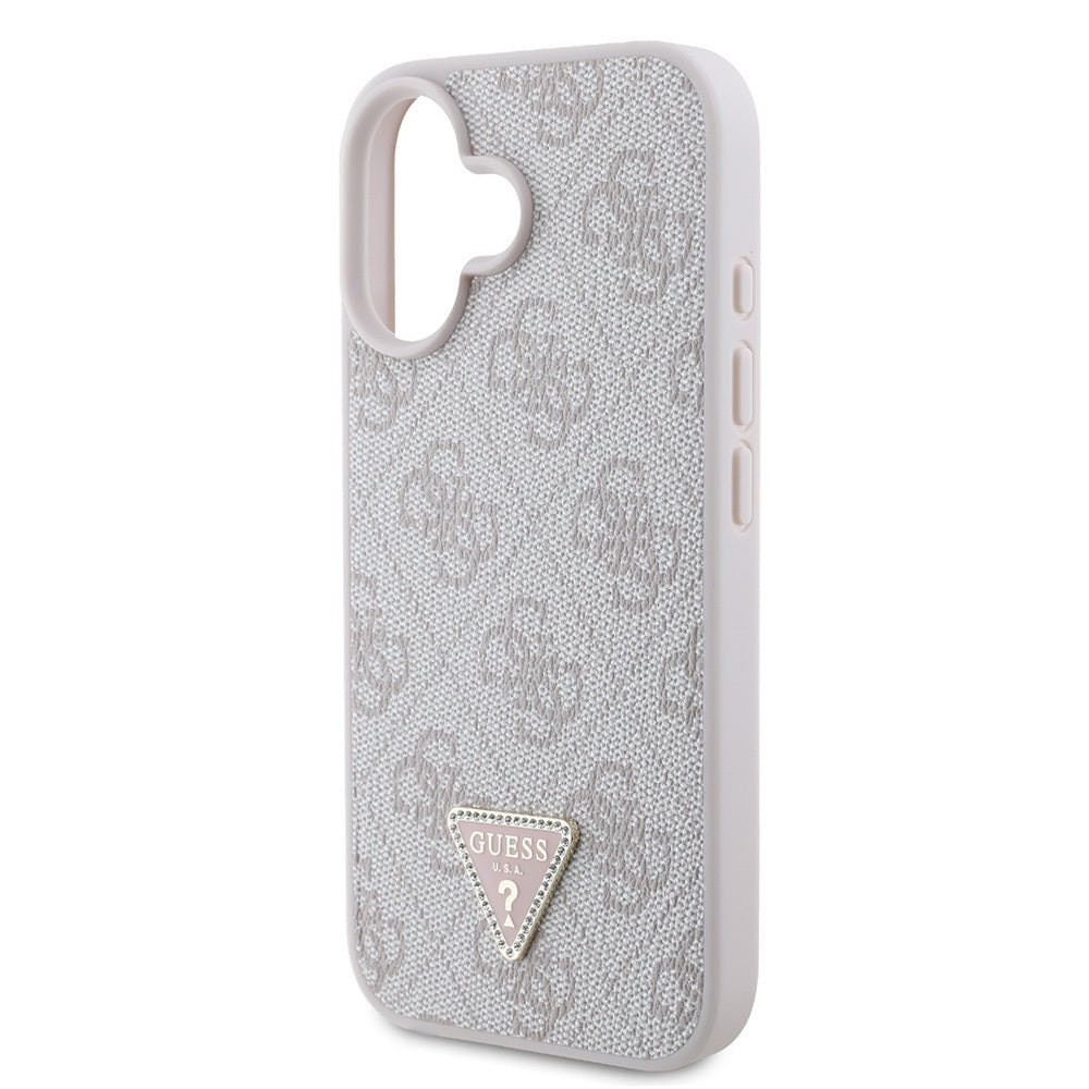 Guess iPhone 16 Orjinal Lisanslı PU Deri Taşlı Üçgen Logo 4G Desenli Strass Kılıf