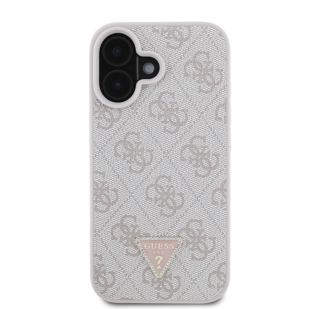 Guess iPhone 16 Orjinal Lisanslı PU Deri Taşlı Üçgen Logo 4G Desenli Strass Kılıf