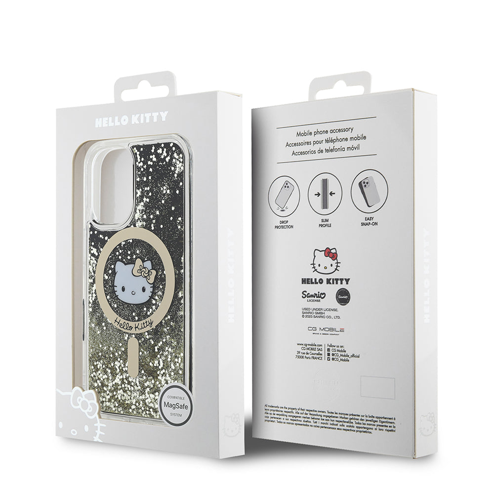 Hello Kitty iPhone 16 Orjinal Lisanslı M-safe Şarj Özellikli IML Baskı Kitty Head Logolu Sıvılı Simli Altın Ateşi Kılıf