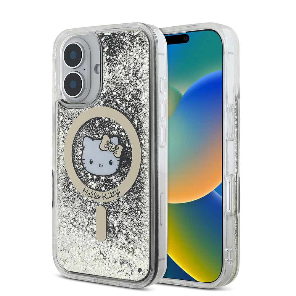 Hello Kitty iPhone 16 Orjinal Lisanslı M-safe Şarj Özellikli IML Baskı Kitty Head Logolu Sıvılı Simli Altın Ateşi Kılıf