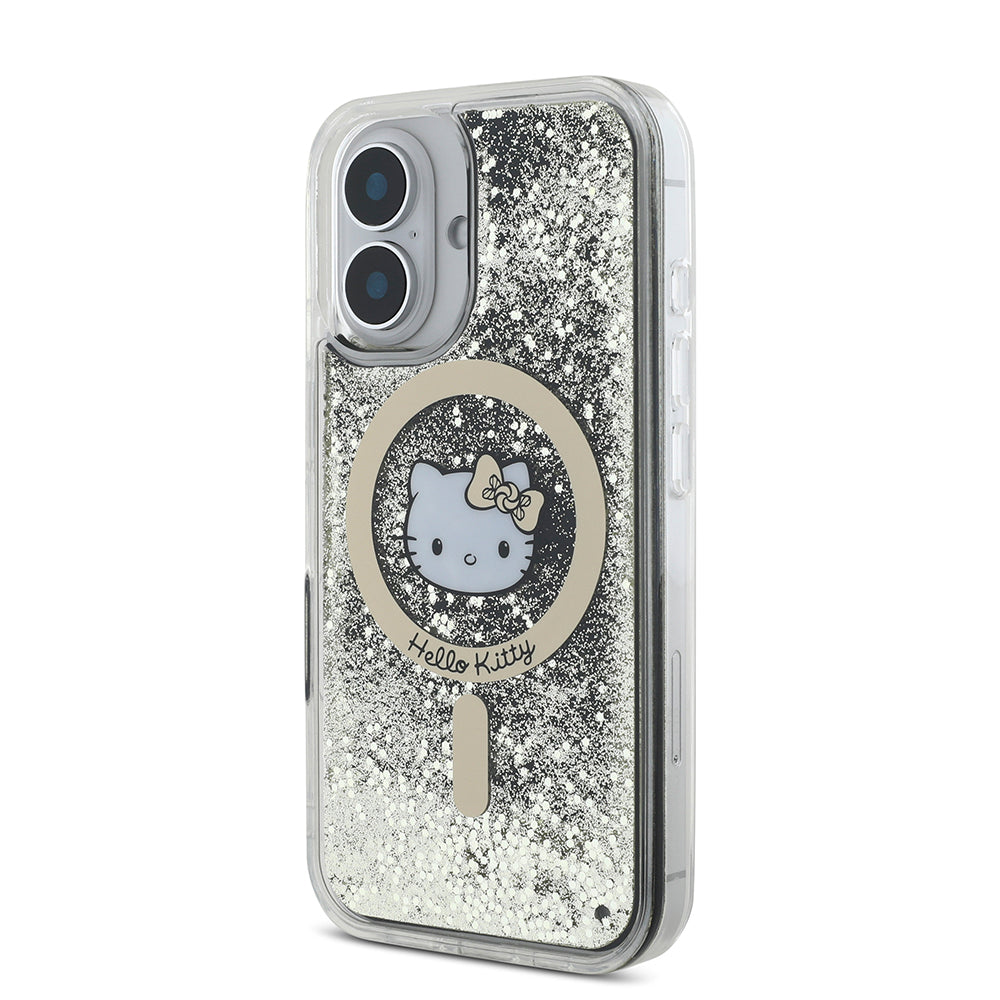 Hello Kitty iPhone 16 Orjinal Lisanslı M-safe Şarj Özellikli IML Baskı Kitty Head Logolu Sıvılı Simli Altın Ateşi Kılıf