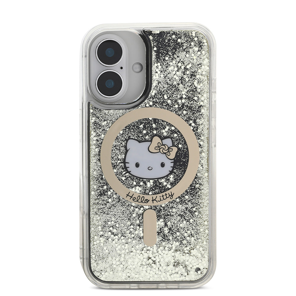 Hello Kitty iPhone 16 Orjinal Lisanslı M-safe Şarj Özellikli IML Baskı Kitty Head Logolu Sıvılı Simli Altın Ateşi Kılıf