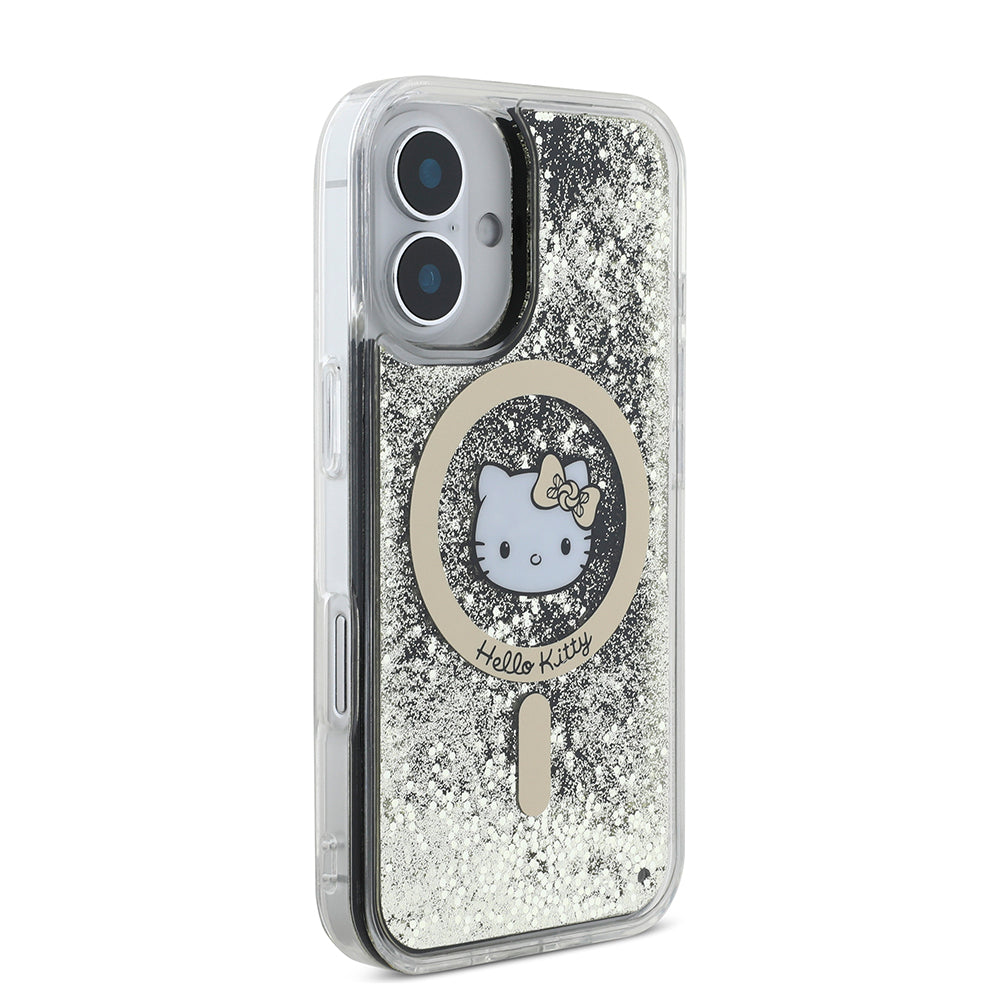 Hello Kitty iPhone 16 Orjinal Lisanslı M-safe Şarj Özellikli IML Baskı Kitty Head Logolu Sıvılı Simli Altın Ateşi Kılıf