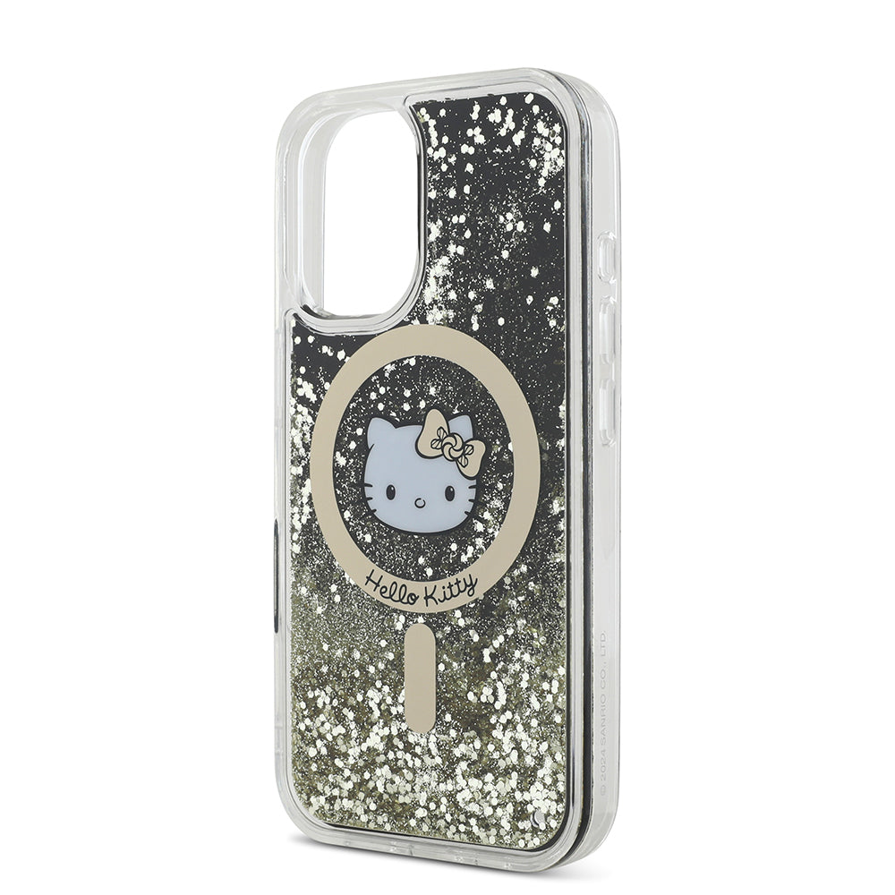 Hello Kitty iPhone 16 Orjinal Lisanslı M-safe Şarj Özellikli IML Baskı Kitty Head Logolu Sıvılı Simli Altın Ateşi Kılıf