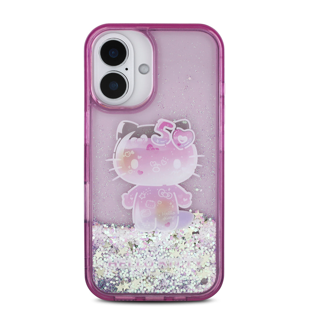 Hello Kitty iPhone 16 Orjinal Lisanslı Sıvılı Simli 50. Yıldönümü Partisi Kılıf
