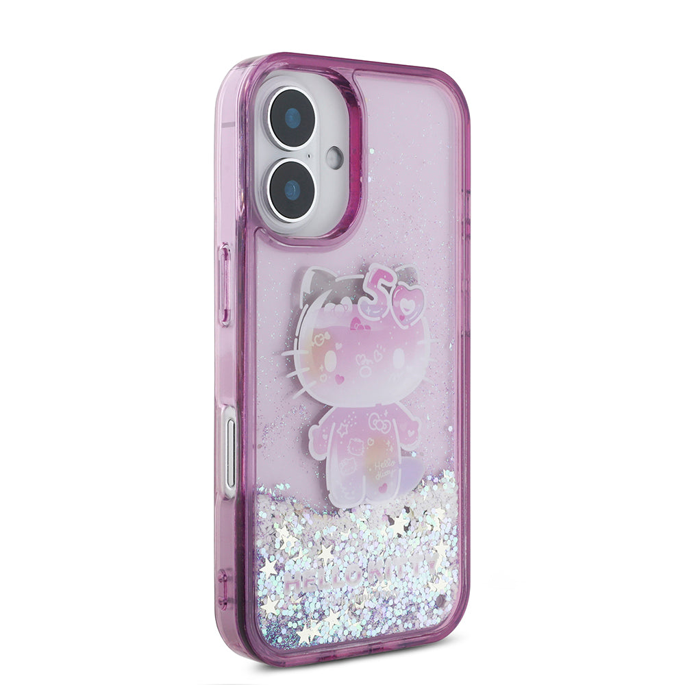 Hello Kitty iPhone 16 Orjinal Lisanslı Sıvılı Simli 50. Yıldönümü Partisi Kılıf