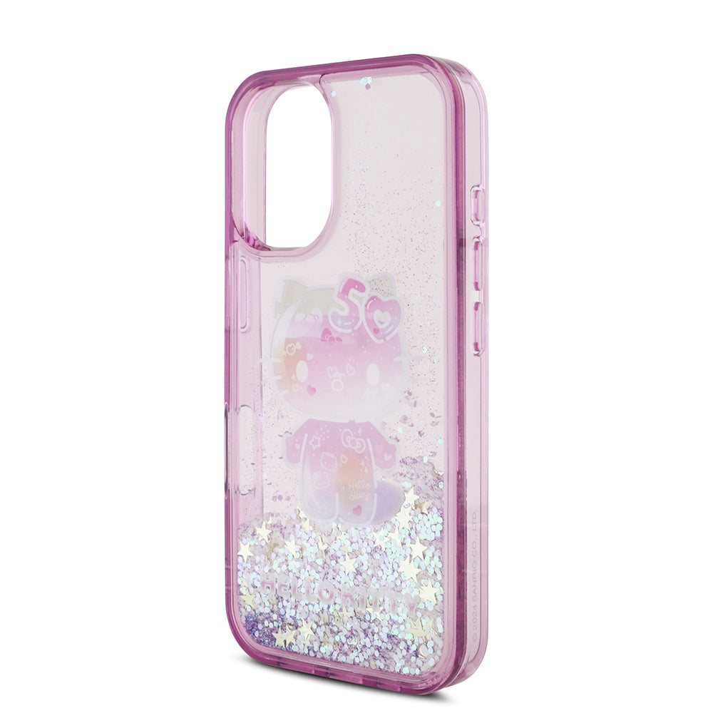Hello Kitty iPhone 16 Orjinal Lisanslı Sıvılı Simli 50. Yıldönümü Partisi Kılıf