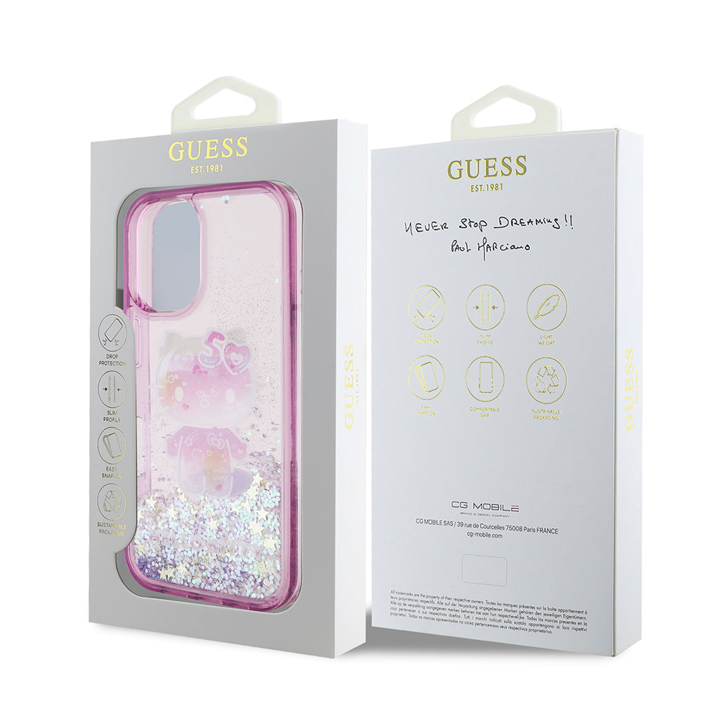 Hello Kitty iPhone 16 Orjinal Lisanslı Sıvılı Simli 50. Yıldönümü Partisi Kılıf