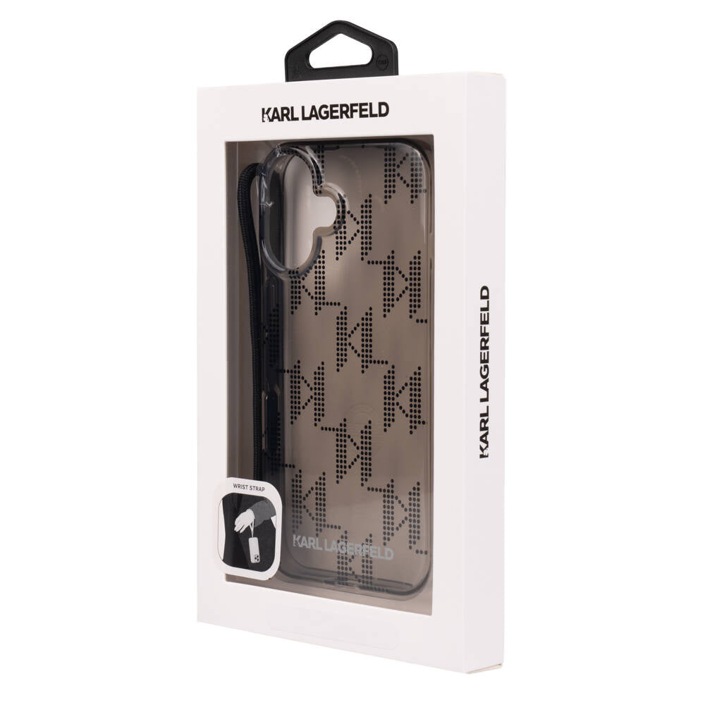 Karl Lagerfeld iPhone 16 Orjinal Lisanslı KL Desenli Saydam Bilek Askı İpli Klasik Logolu Kılıf