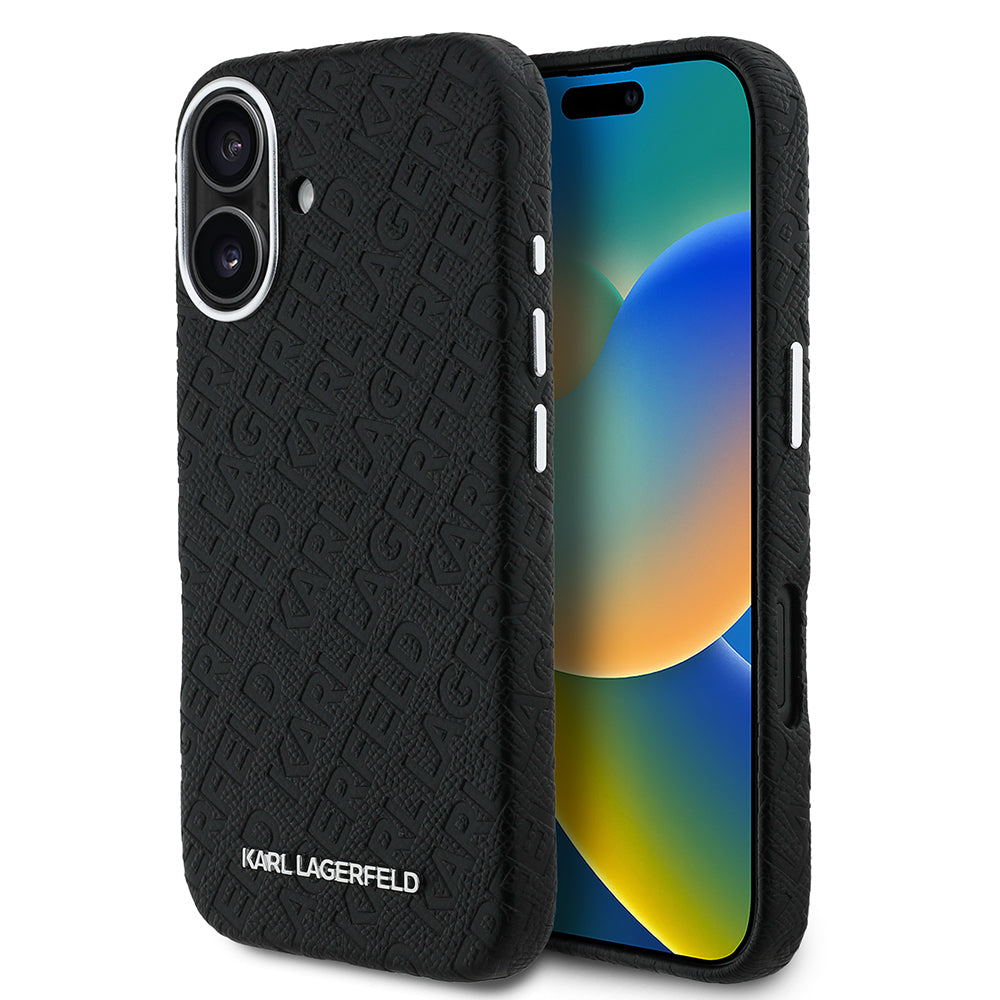Karl Lagerfeld iPhone 16 Orjinal Lisanslı PU Deri Damgalı Metal Yazı Logolu Telefon Kılıfı