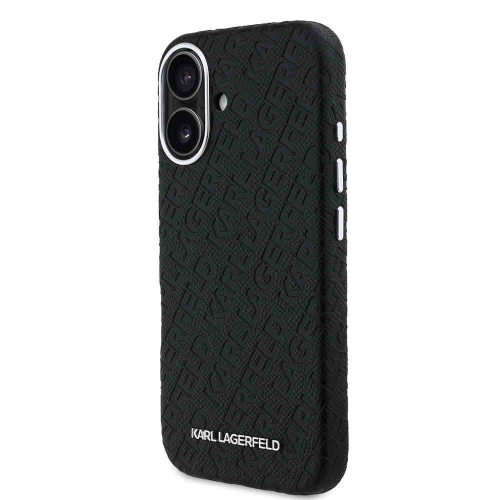 Karl Lagerfeld iPhone 16 Orjinal Lisanslı PU Deri Damgalı Metal Yazı Logolu Telefon Kılıfı