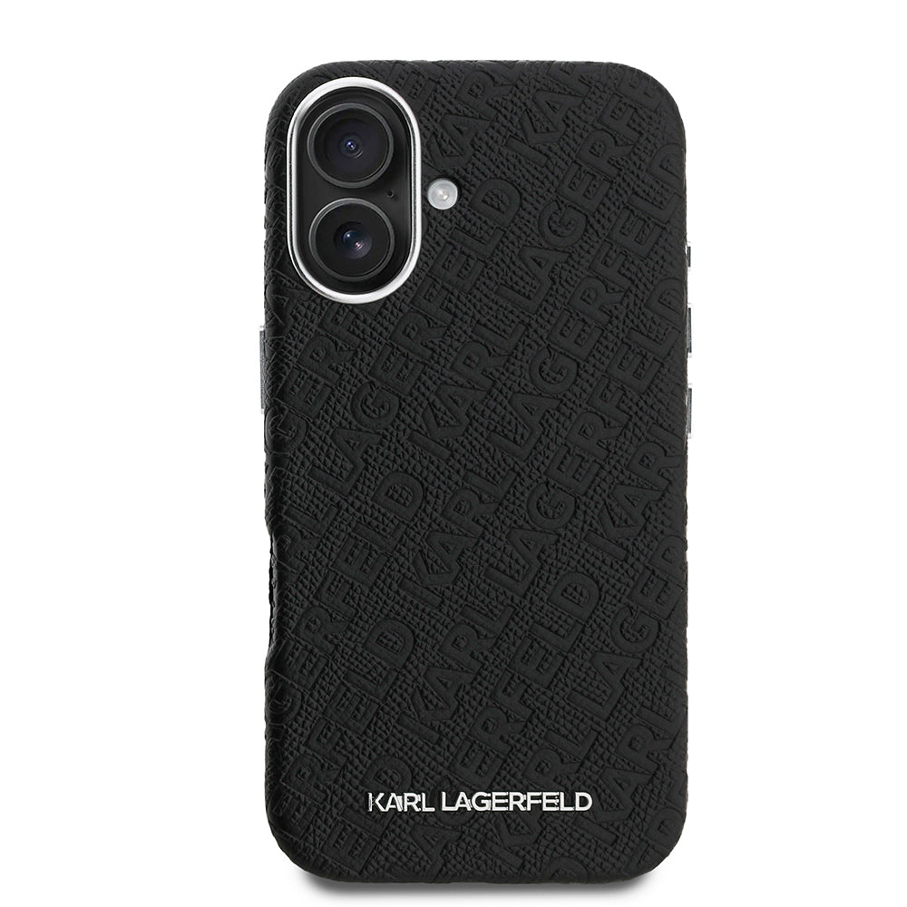 Karl Lagerfeld iPhone 16 Orjinal Lisanslı PU Deri Damgalı Metal Yazı Logolu Telefon Kılıfı