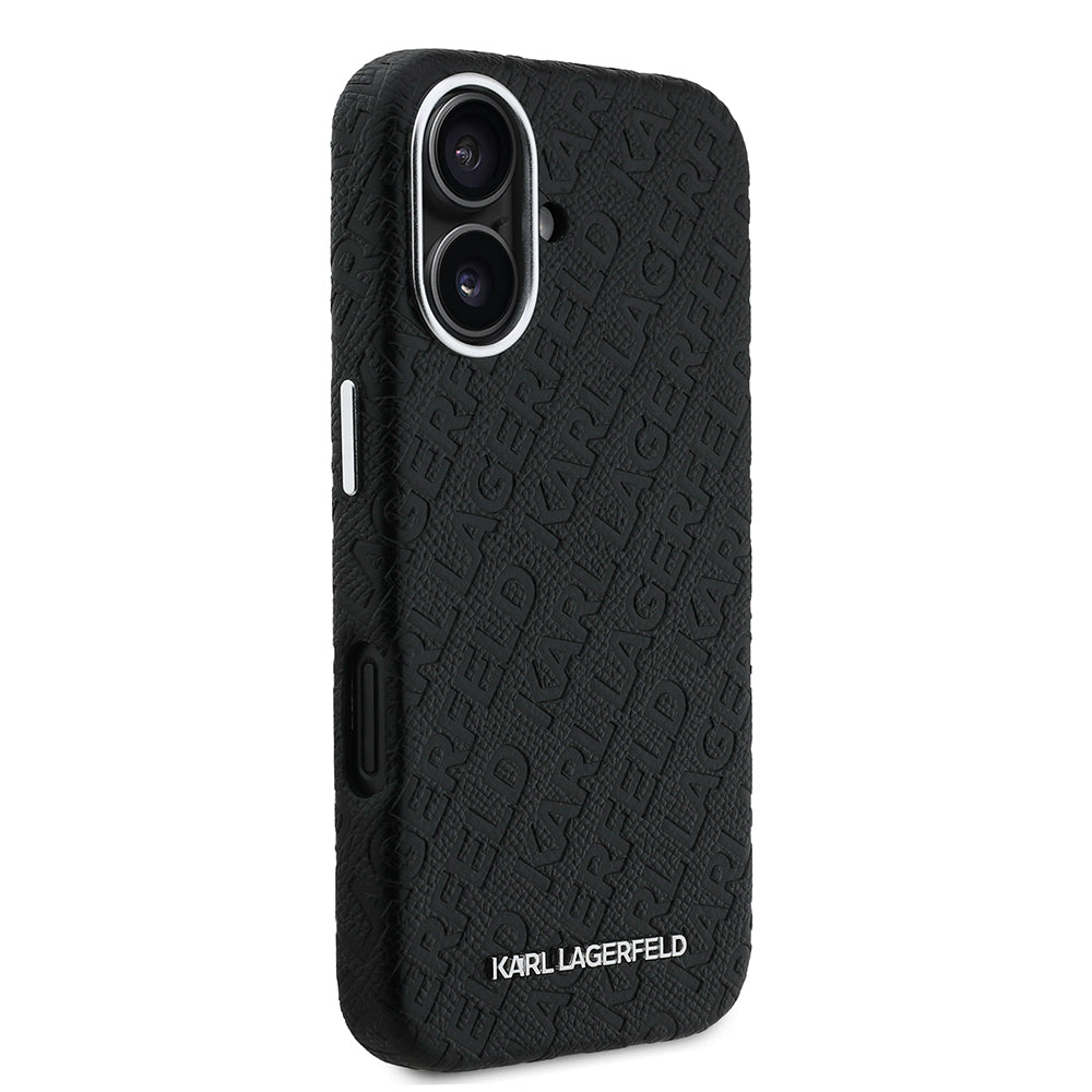 Karl Lagerfeld iPhone 16 Orjinal Lisanslı PU Deri Damgalı Metal Yazı Logolu Telefon Kılıfı