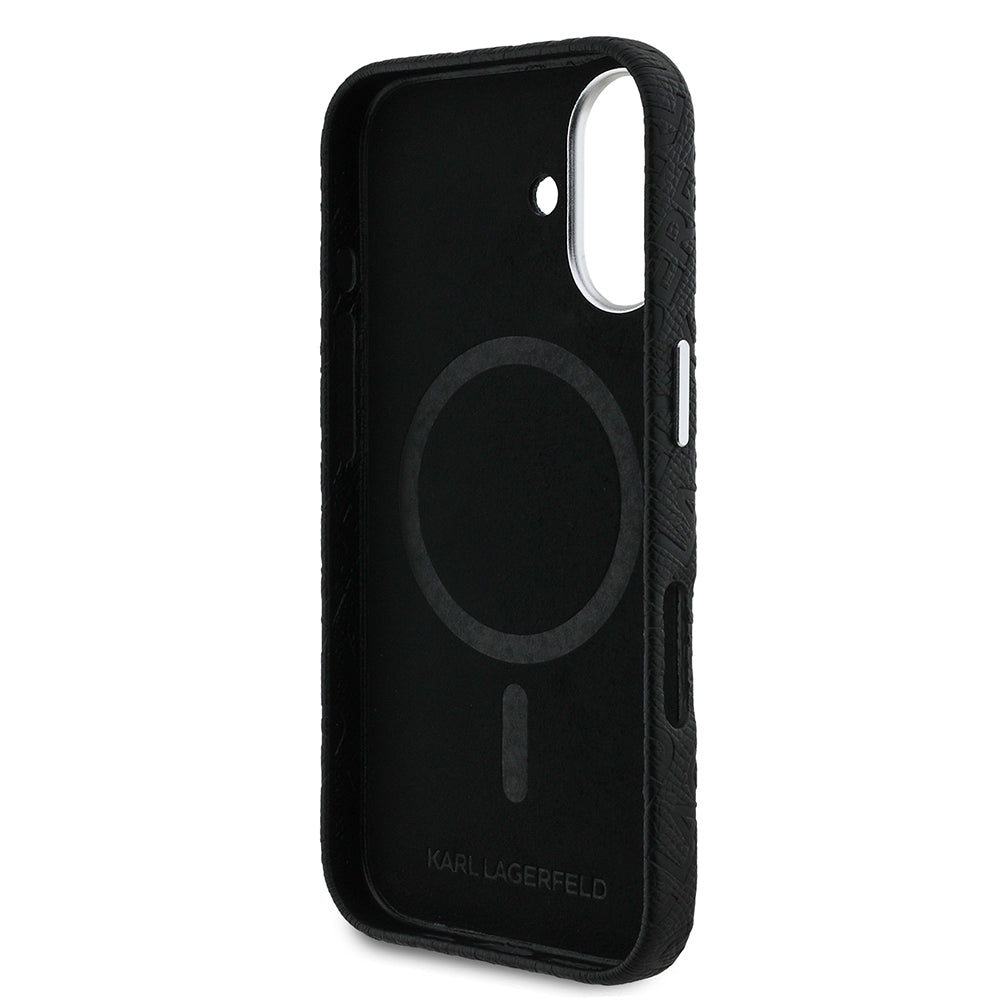 Karl Lagerfeld iPhone 16 Orjinal Lisanslı PU Deri Damgalı Metal Yazı Logolu Telefon Kılıfı
