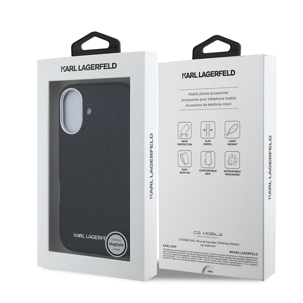 Karl Lagerfeld iPhone 16 Orjinal Lisanslı PU Deri Damgalı Metal Yazı Logolu Telefon Kılıfı