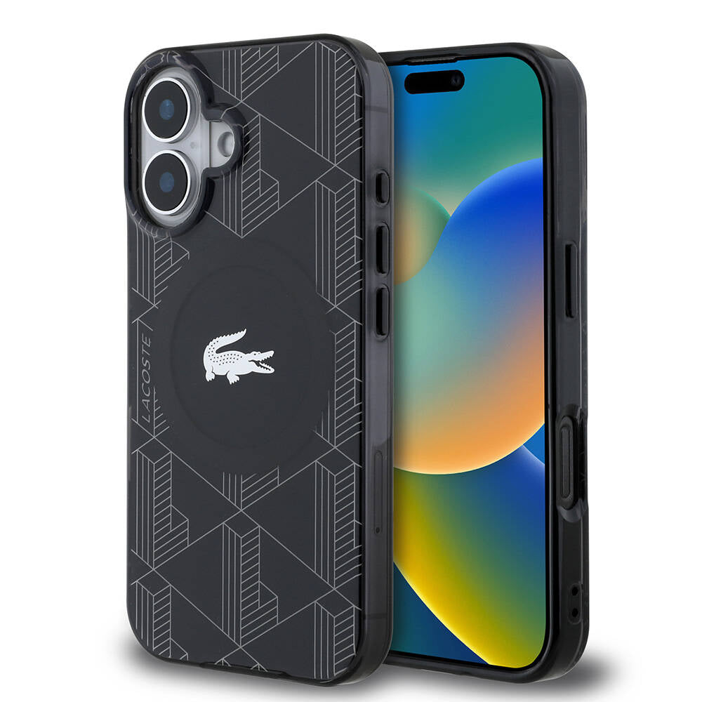 Lacoste iPhone 16 Orjinal Lisanslı Magsafe Şarj Özellikli IML Baskılı Gümüş Timsah Logolu Monogram Telefon Kılıfı - 1