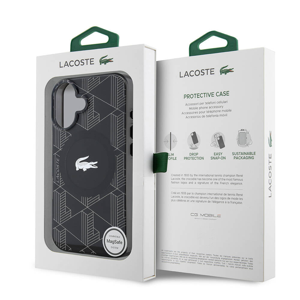 Lacoste iPhone 16 Orjinal Lisanslı M-safe Şarj Özellikli IML Baskılı Gümüş Timsah Logolu Monogram Kılıf