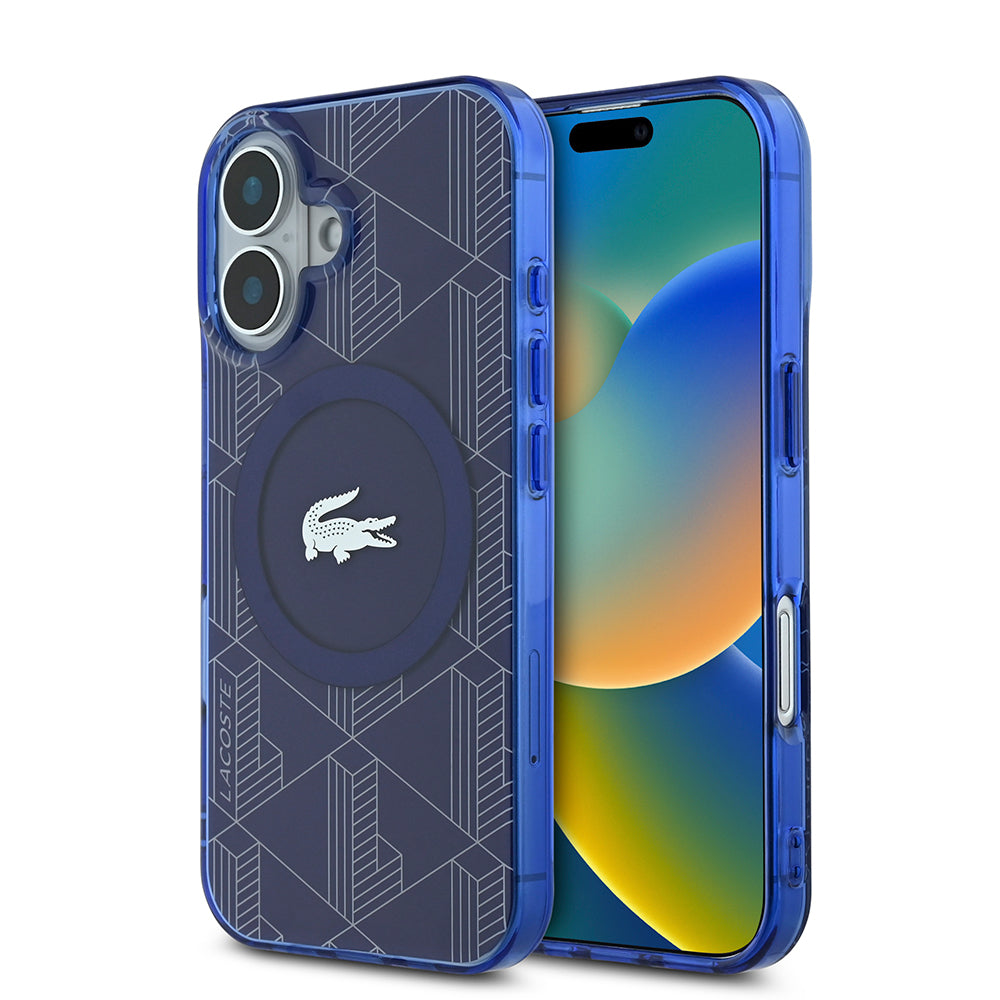 Lacoste iPhone 16 Orjinal Lisanslı M-safe Şarj Özellikli IML Baskılı Gümüş Timsah Logolu Monogram Kılıf