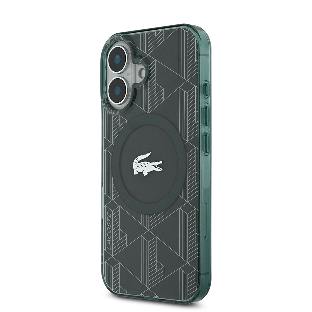 Lacoste iPhone 16 Orjinal Lisanslı M-safe Şarj Özellikli IML Baskılı Gümüş Timsah Logolu Monogram Kılıf