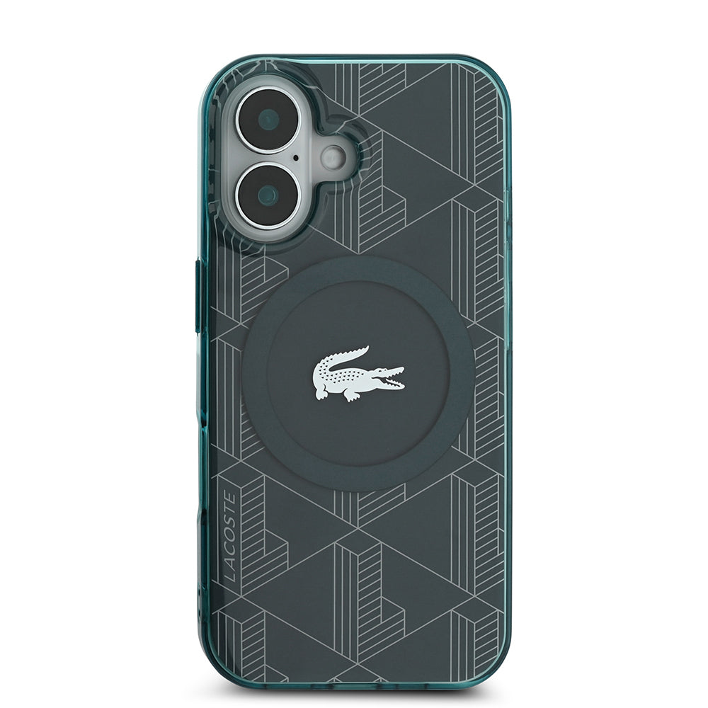 Lacoste iPhone 16 Orjinal Lisanslı M-safe Şarj Özellikli IML Baskılı Gümüş Timsah Logolu Monogram Kılıf