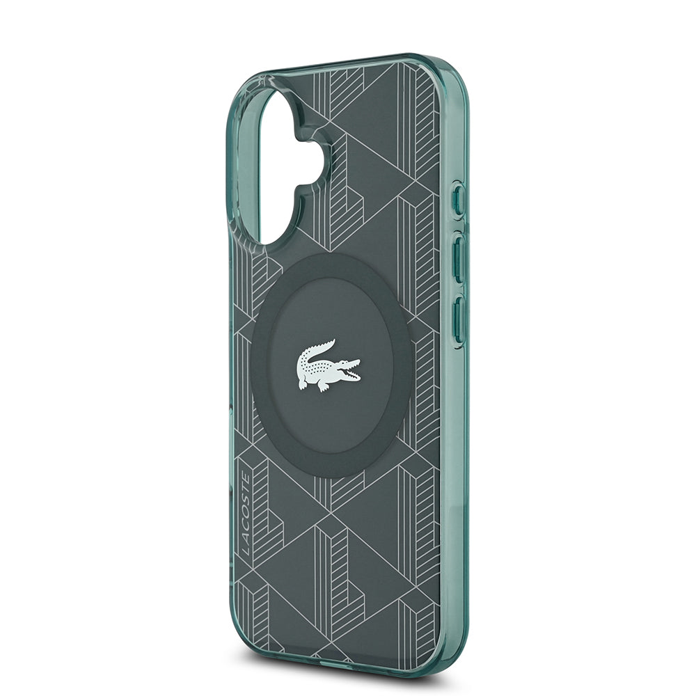 Lacoste iPhone 16 Orjinal Lisanslı M-safe Şarj Özellikli IML Baskılı Gümüş Timsah Logolu Monogram Kılıf