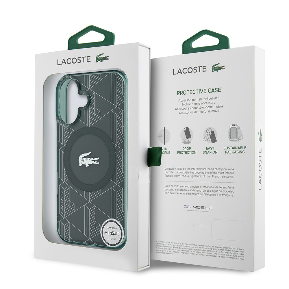 Lacoste iPhone 16 Orjinal Lisanslı M-safe Şarj Özellikli IML Baskılı Gümüş Timsah Logolu Monogram Kılıf