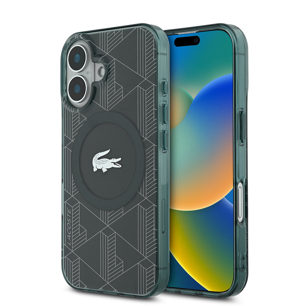 Lacoste iPhone 16 Orjinal Lisanslı M-safe Şarj Özellikli IML Baskılı Gümüş Timsah Logolu Monogram Kılıf