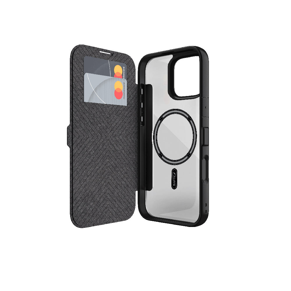 Raptic Urban Folio Serisi iPhone 16 M-safe Şarj Özellikli Vegan Deri Tasarımlı Şeffaf Arka Yüzey Kartlıklı Kılıf