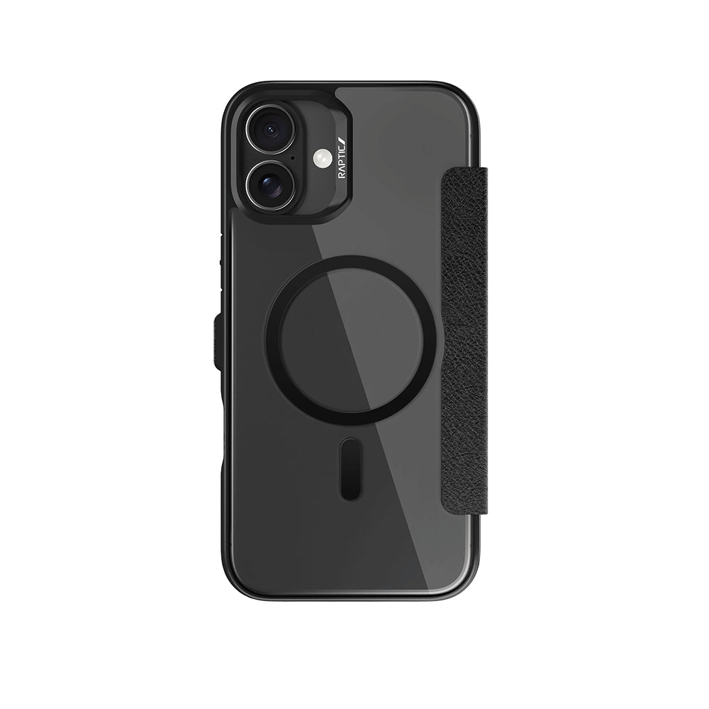 Raptic Urban Folio Serisi iPhone 16 M-safe Şarj Özellikli Vegan Deri Tasarımlı Şeffaf Arka Yüzey Kartlıklı Kılıf