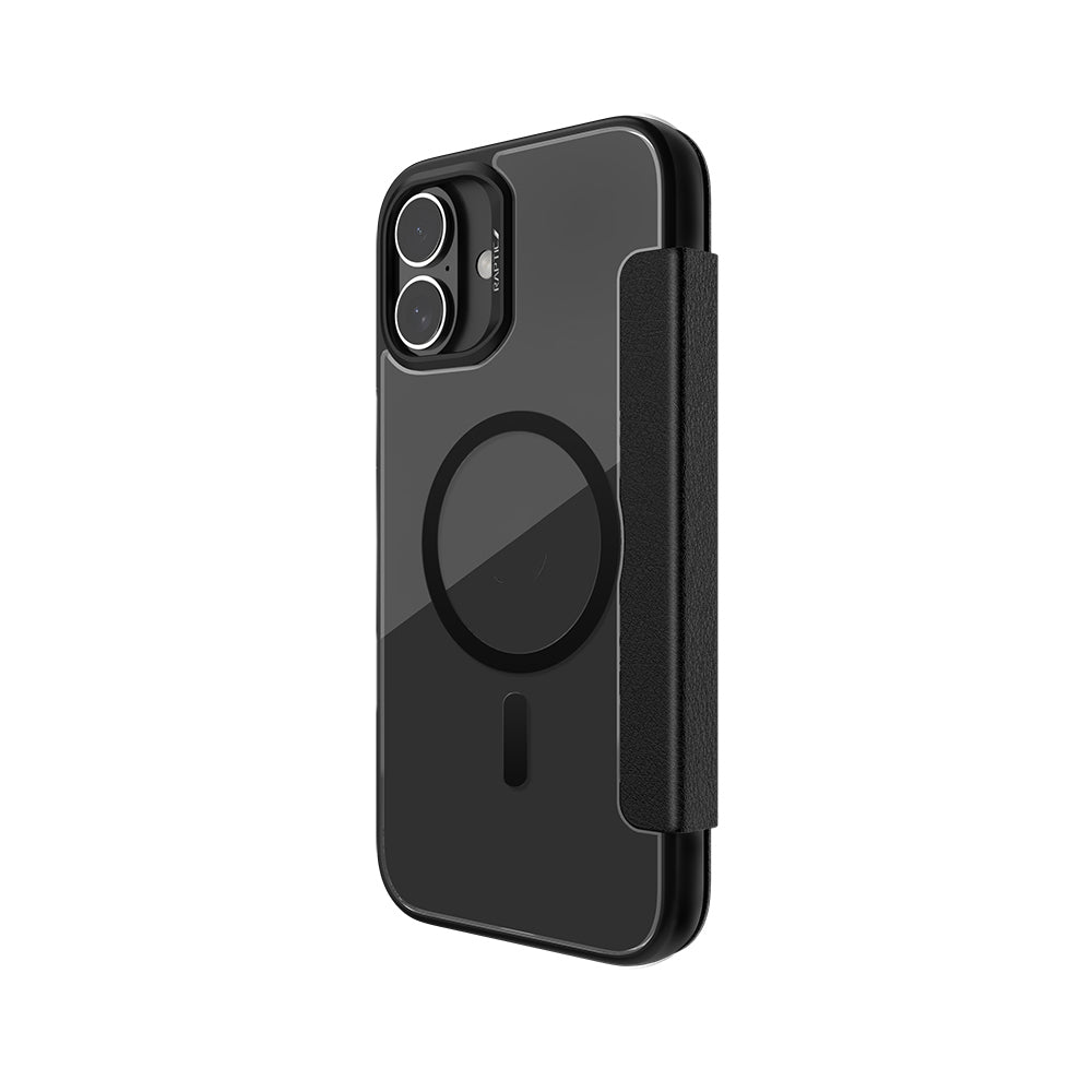 Raptic Urban Folio Serisi iPhone 16 M-safe Şarj Özellikli Vegan Deri Tasarımlı Şeffaf Arka Yüzey Kartlıklı Kılıf
