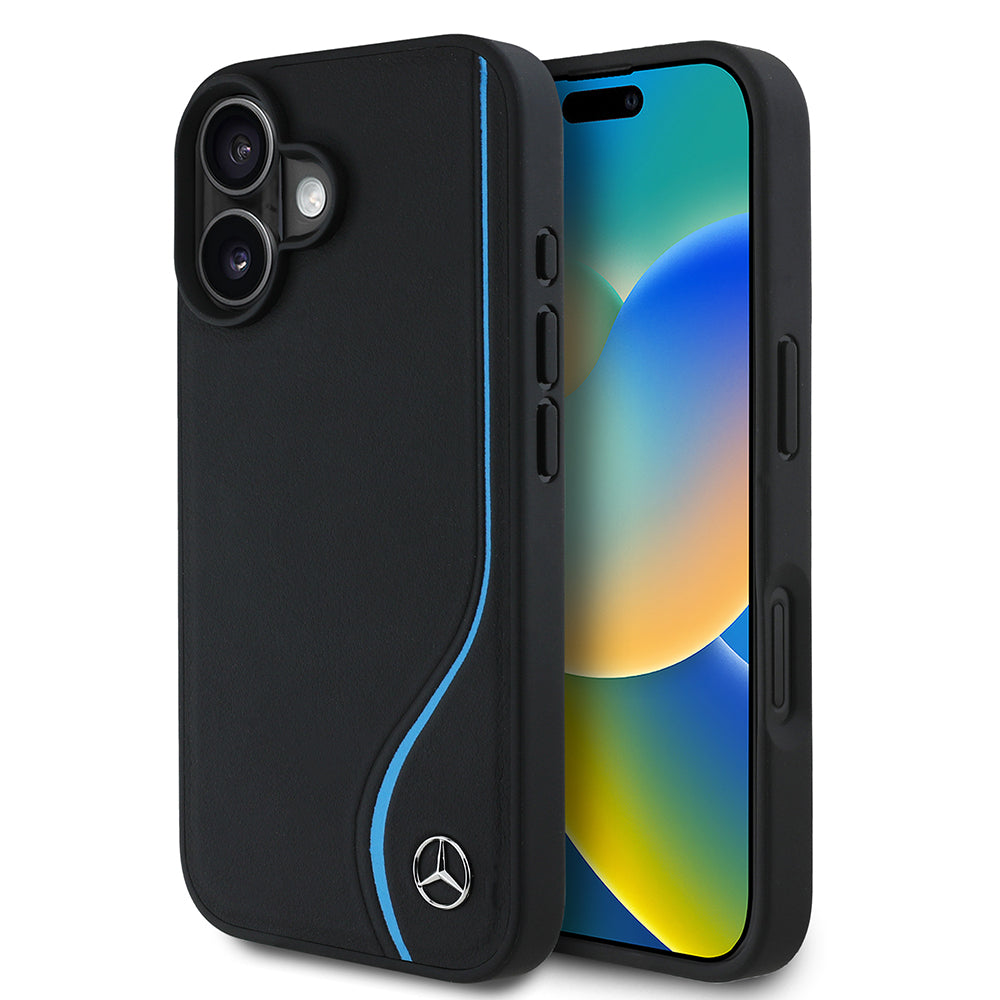 Mercedes Benz iPhone 16 Orjinal Lisanslı 3D Metal Logolu Mavi Dikey Eğri Çizgili Deri M-safe Kılıf