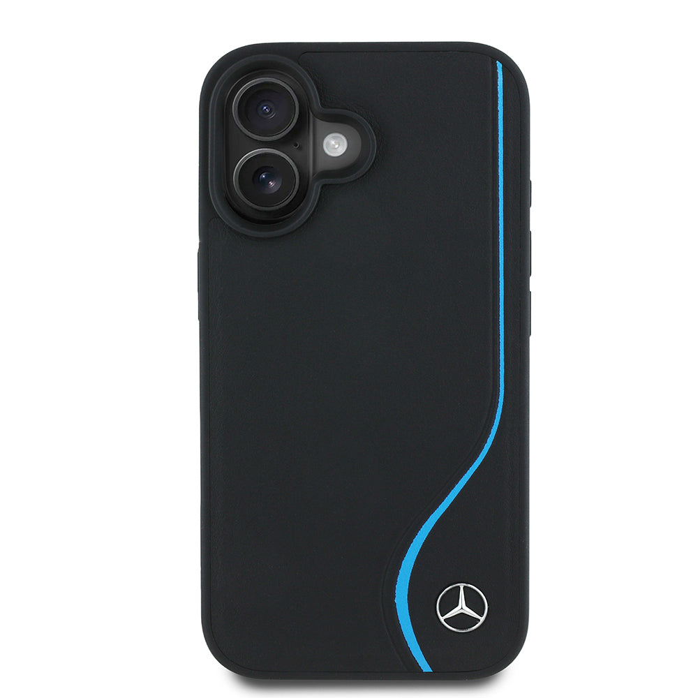 Mercedes Benz iPhone 16 Orjinal Lisanslı 3D Metal Logolu Mavi Dikey Eğri Çizgili Deri M-safe Kılıf