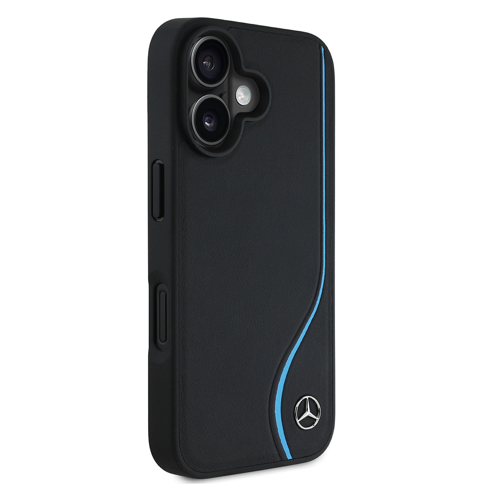 Mercedes Benz iPhone 16 Orjinal Lisanslı 3D Metal Logolu Mavi Dikey Eğri Çizgili Deri M-safe Kılıf