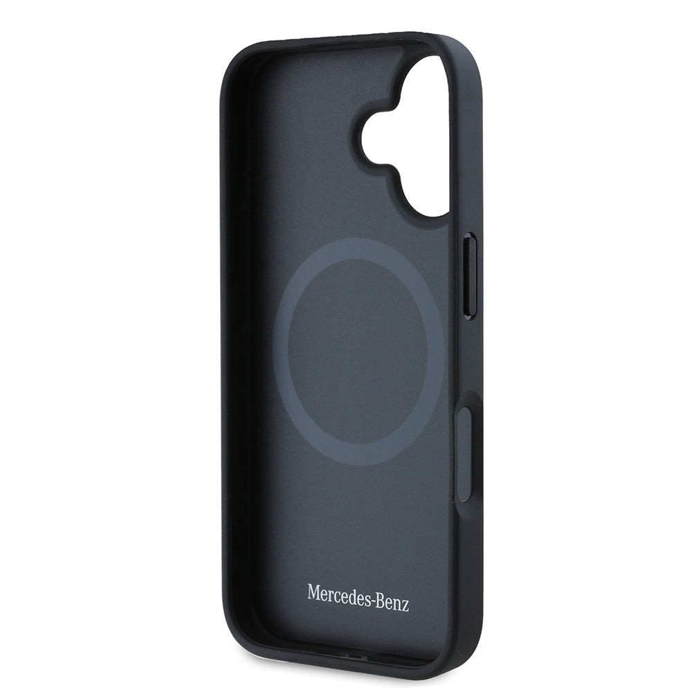 Mercedes Benz iPhone 16 Orjinal Lisanslı 3D Metal Logolu Mavi Dikey Eğri Çizgili Deri M-safe Kılıf