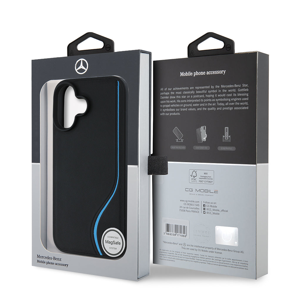 Mercedes Benz iPhone 16 Orjinal Lisanslı 3D Metal Logolu Mavi Dikey Eğri Çizgili Deri M-safe Kılıf