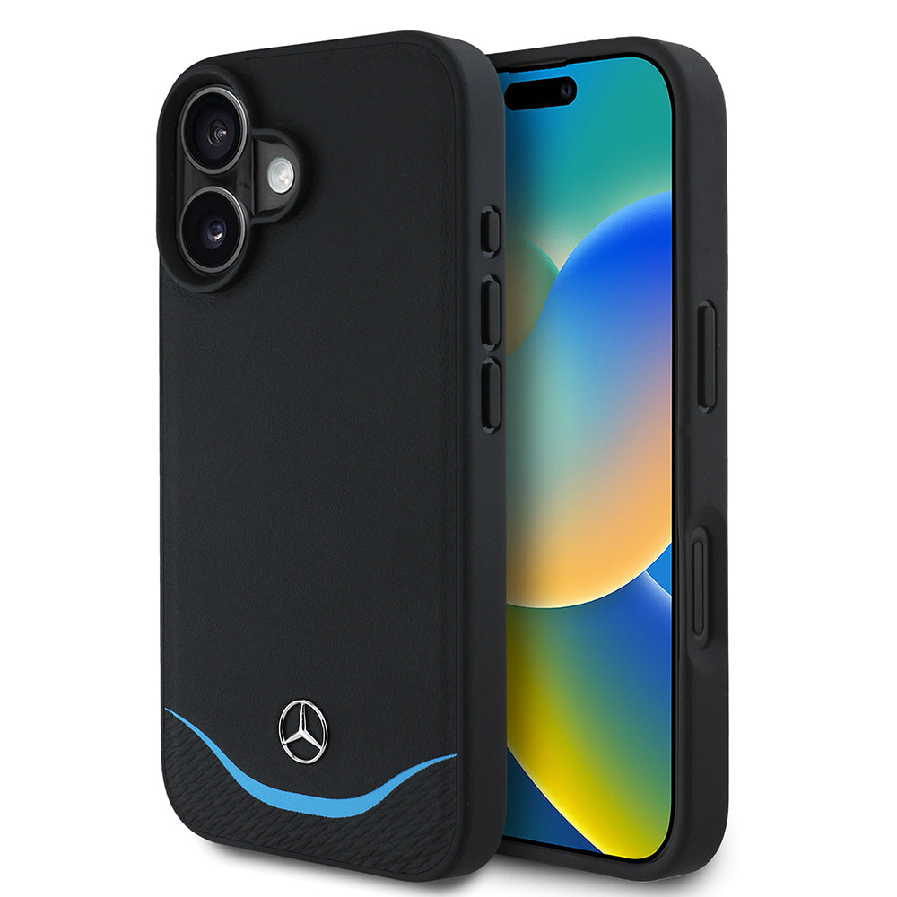 Mercedes Benz iPhone 16 Orjinal Lisanslı 3D Metal Logolu Mavi Yatay Eğri Çizgili Deri M-safe Kılıf