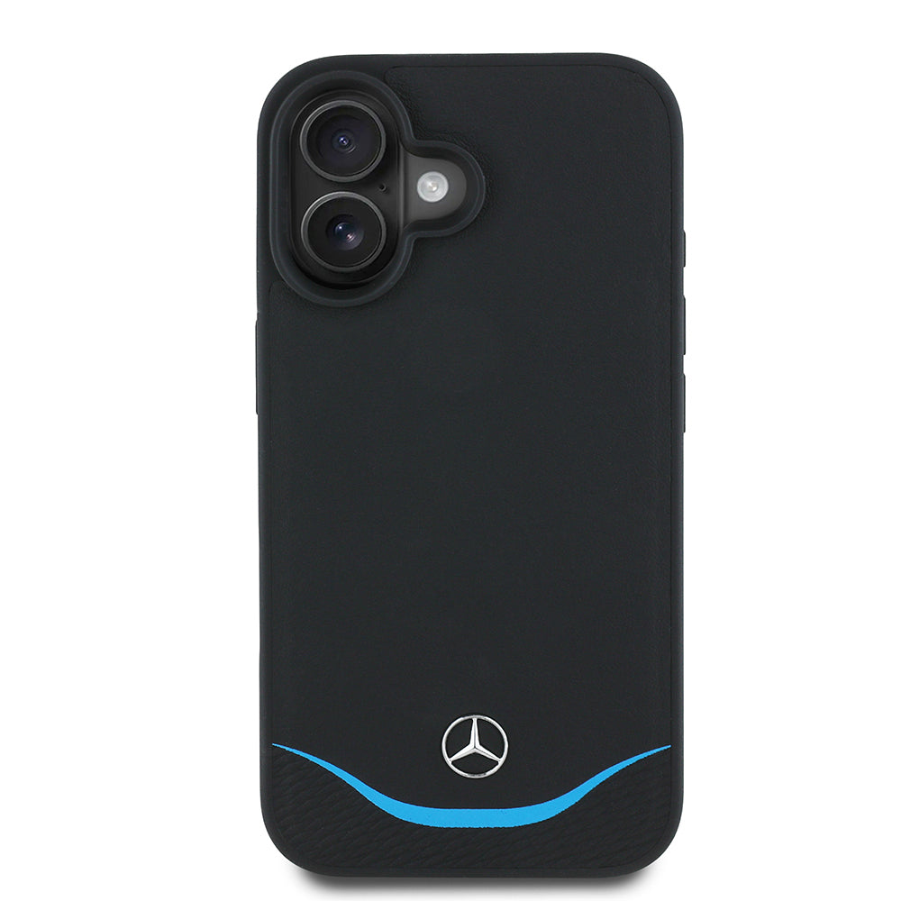 Mercedes Benz iPhone 16 Orjinal Lisanslı 3D Metal Logolu Mavi Yatay Eğri Çizgili Deri M-safe Kılıf
