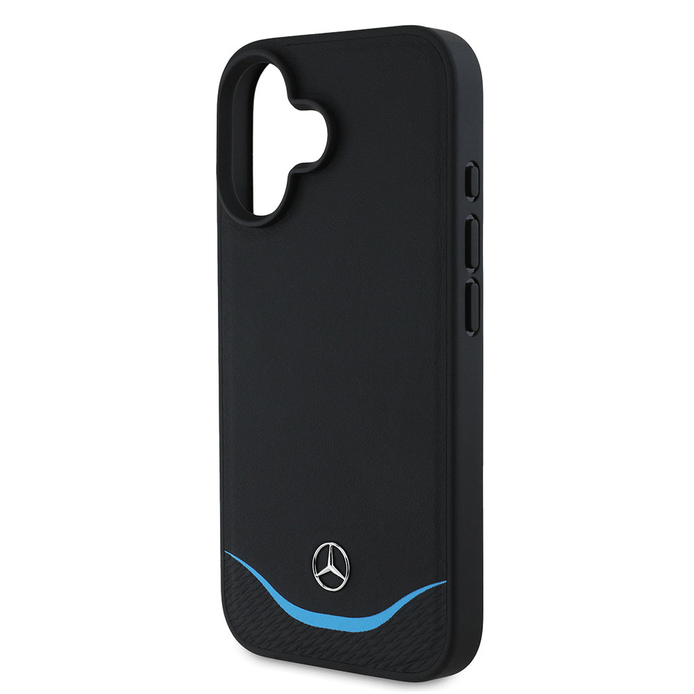 Mercedes Benz iPhone 16 Orjinal Lisanslı 3D Metal Logolu Mavi Yatay Eğri Çizgili Deri M-safe Kılıf
