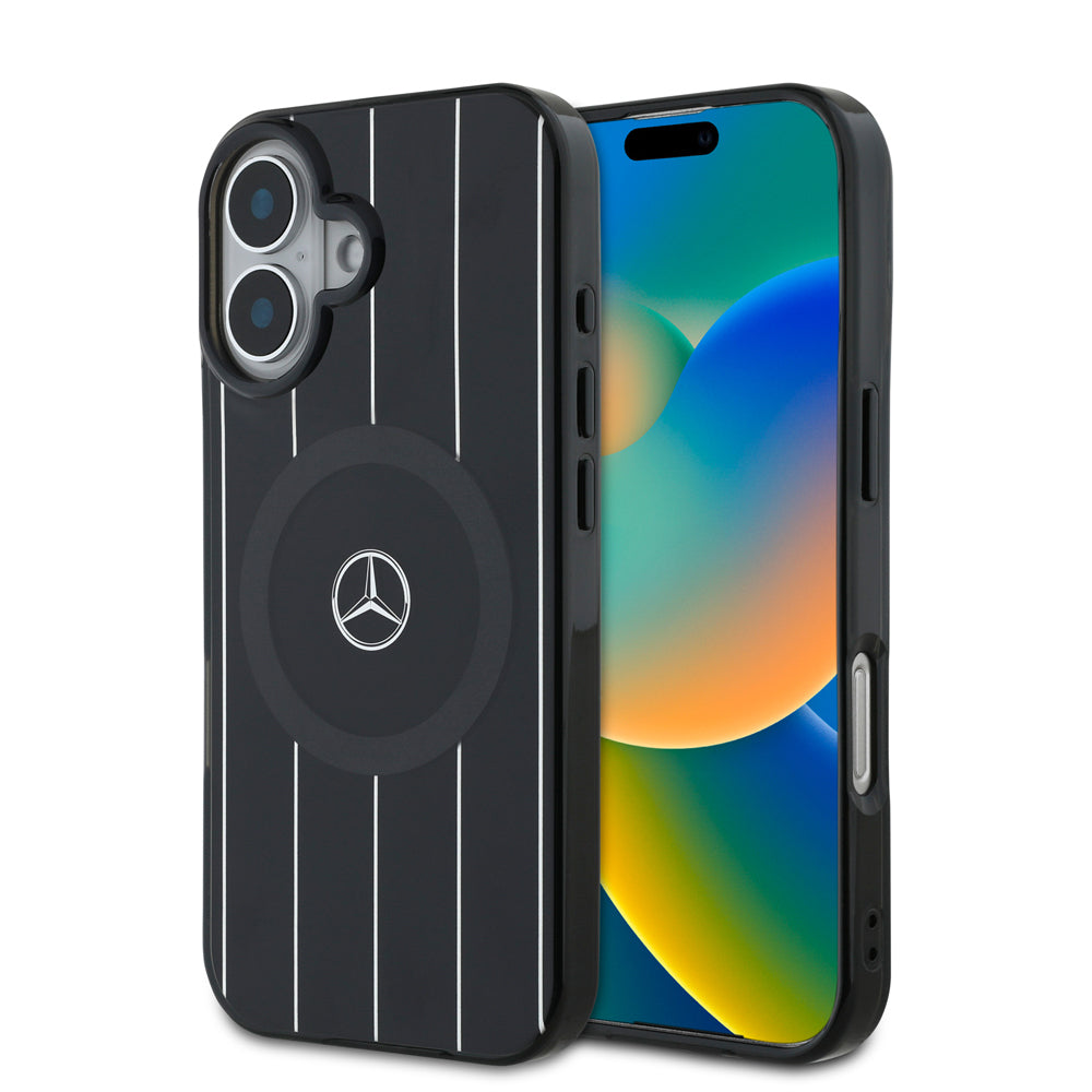 Mercedes Benz iPhone 16 Orjinal Lisanslı M-safe Şarj Özellikli Çift Katmanlı Paralel Çizgi Desenli Kılıf