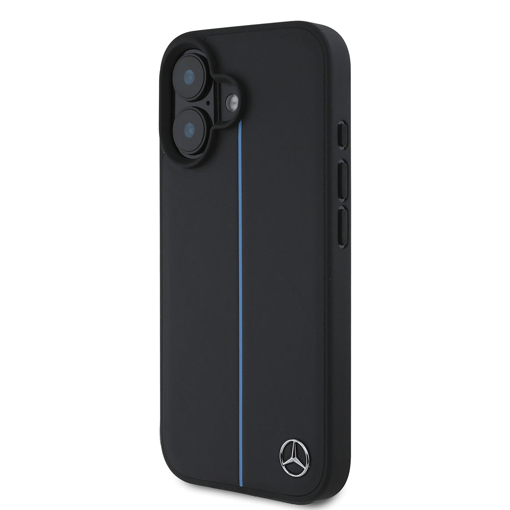 Mercedes Benz iPhone 16 Orjinal Lisanslı M-safe Metal Yıldız Logolu Mavi Çizgili Deri Kılıf