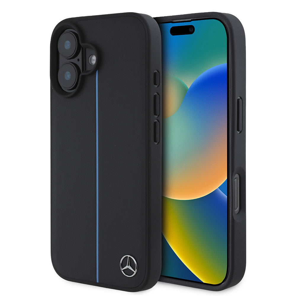 Mercedes Benz iPhone 16 Orjinal Lisanslı M-safe Metal Yıldız Logolu Mavi Çizgili Deri Kılıf