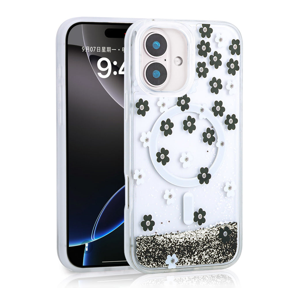 Cepax iPhone 16 Sıvılı Simli Baskılı Şeffaf Arka Yüzey Mossa Silikon Kılıf