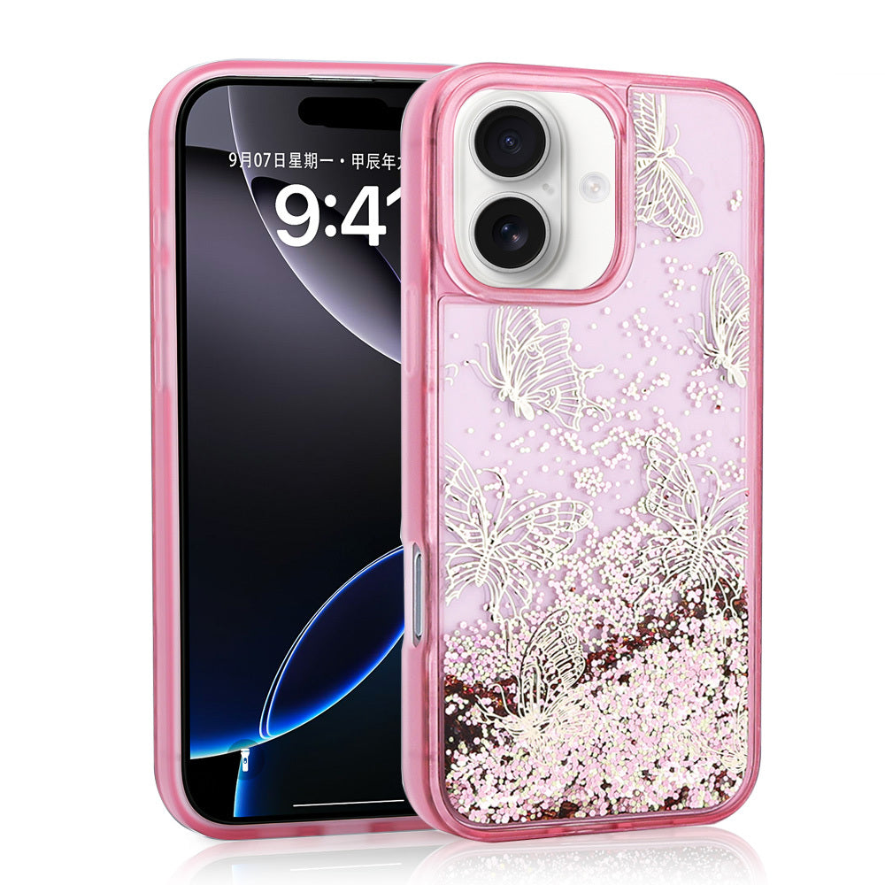 Cepax iPhone 16 Sıvılı Simli Kelebek Baskılı Şeffaf Arka Yüzey Glis Silikon Kılıf