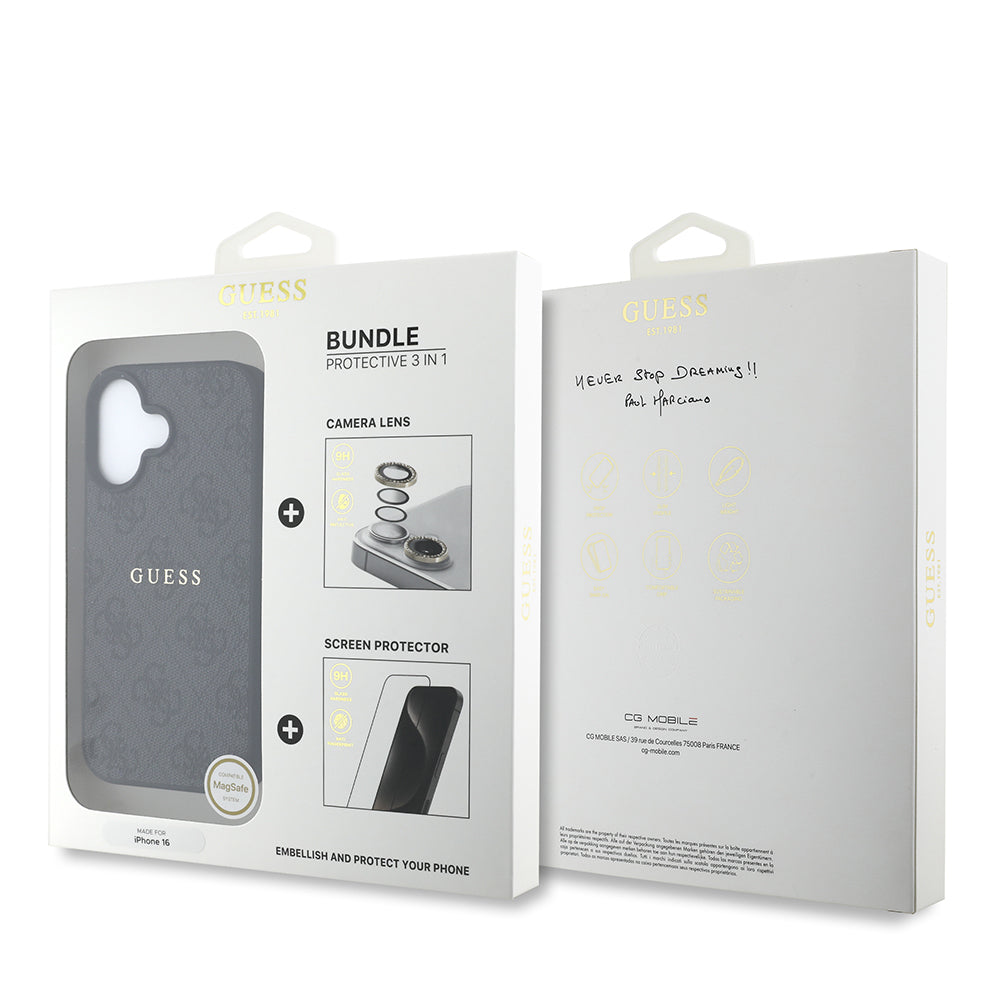 Guess iPhone 16 Plus Orjinal Lisanslı Kılıf + Ekran Koruyucu + Lens Koruyucu 3in1 Aksesuar Seti