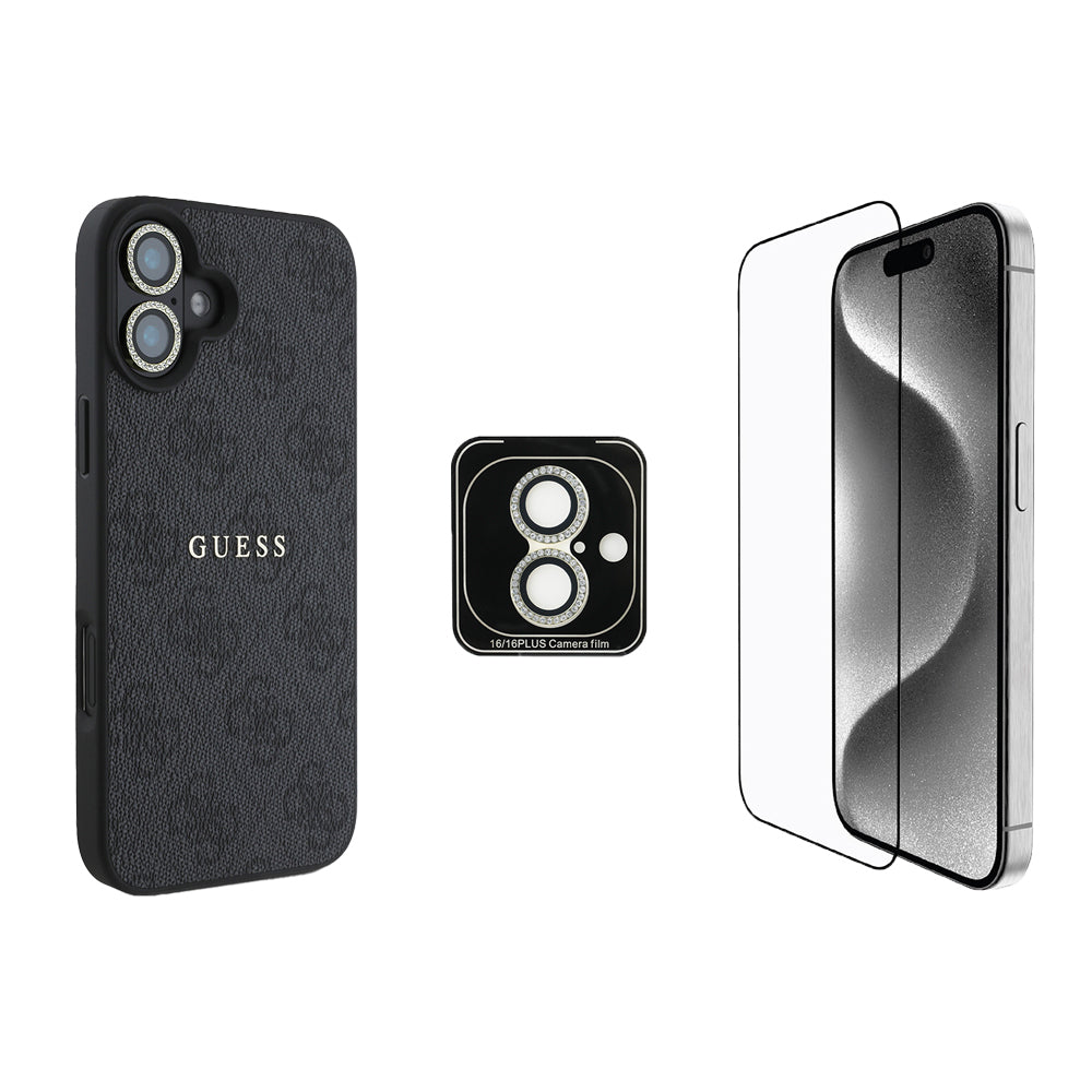 Guess iPhone 16 Plus Orjinal Lisanslı Kılıf + Ekran Koruyucu + Lens Koruyucu 3in1 Aksesuar Seti