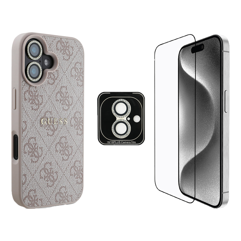 Guess iPhone 16 Plus Orjinal Lisanslı Kılıf + Ekran Koruyucu + Lens Koruyucu 3in1 Aksesuar Seti