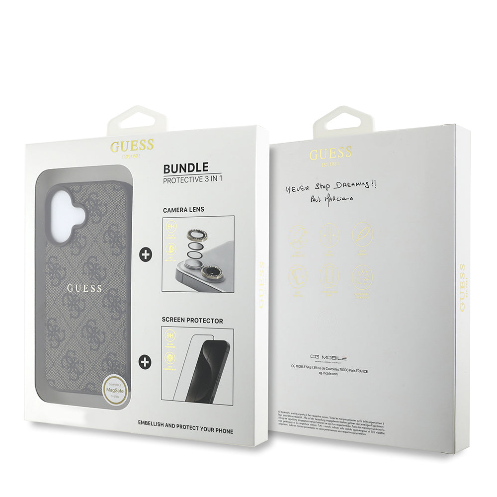 Guess iPhone 16 Plus Orjinal Lisanslı Kılıf + Ekran Koruyucu + Lens Koruyucu 3in1 Aksesuar Seti