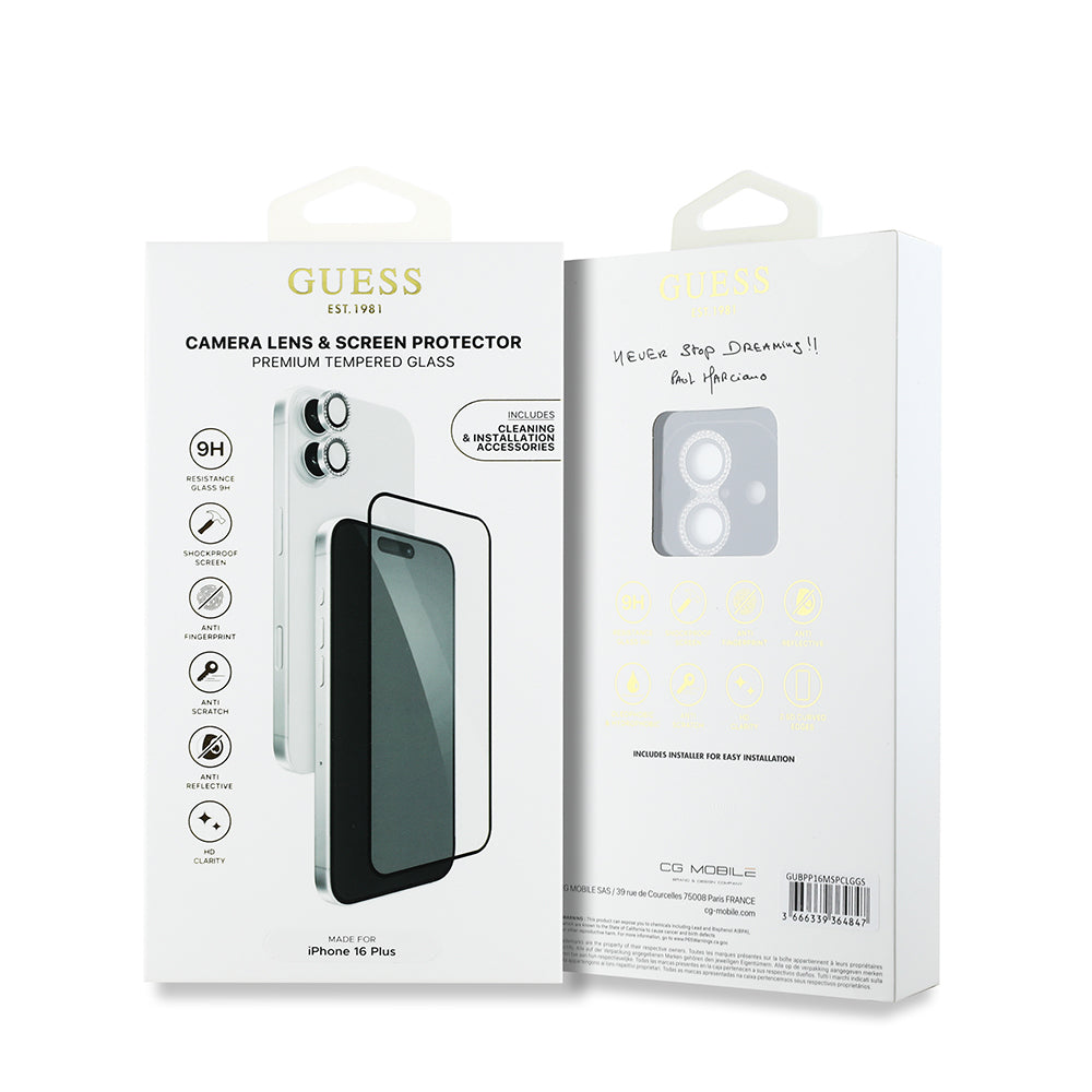 Guess iPhone 16 Plus Orjinal Lisanslı Rhinestone Ekran Koruyucu + Lens Koruyucu 2in1 Aksesuar Seti